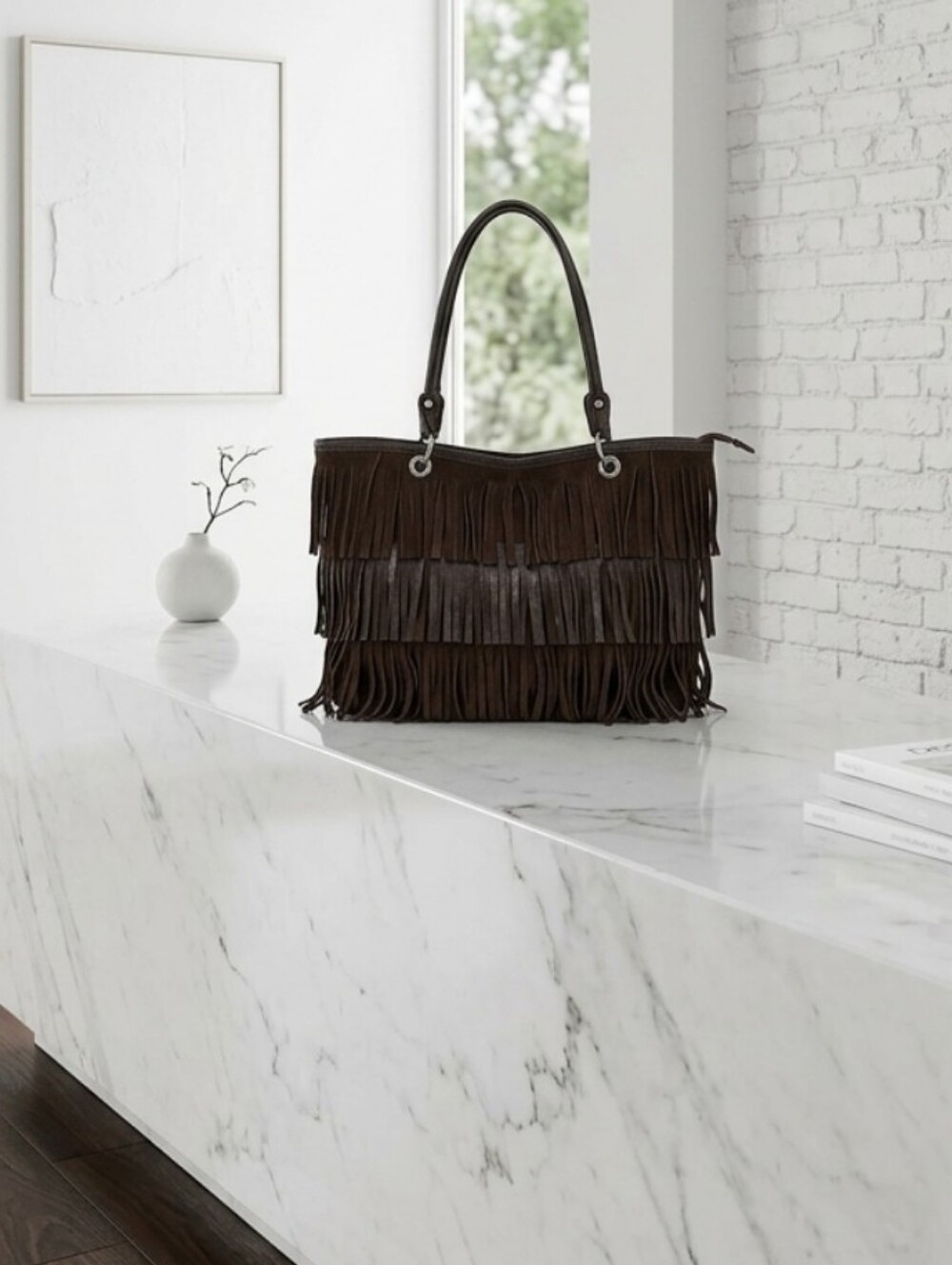 Fringed Suede Hobo Bag - Dark Brown